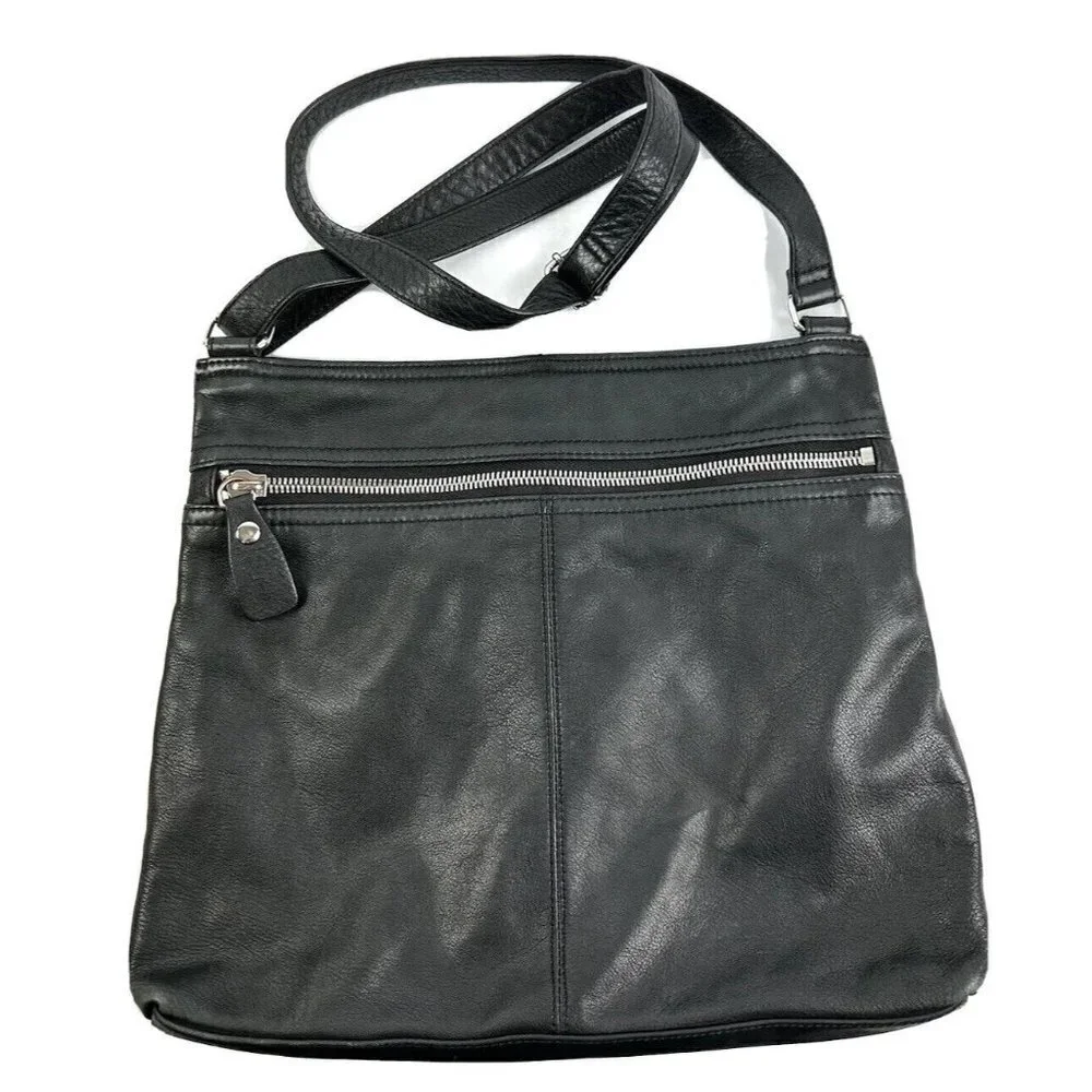 Margot Crossbody Bag Double Zip Black Leather Handbag Silver Accent Purse